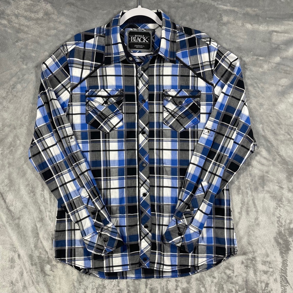 Buckle Black Athletic Fit Blue Plaid Western Snap Button‎ Down Shirt Mens Large